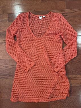 Roxy Open-Knit Swim Coverup - Coral Orange